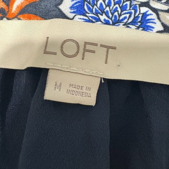 LOFT Long Sleeve Ruffled Drop Wsist Shift Dress. Navy with Yellow Floral Print - Picture 8 of 14